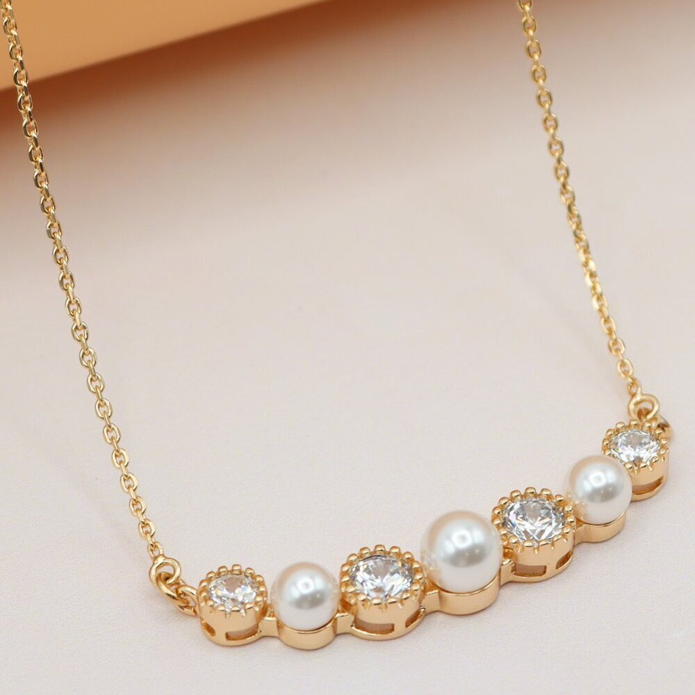 "Rose Gold Necklace with Alternating Pearls and Crystals , XPNL0170